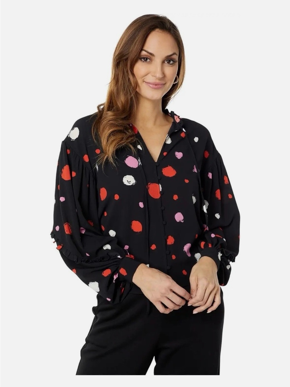 Ted Baker Black Polka-Dot Balloon-Sleeve Blouse — Red, Pink, White